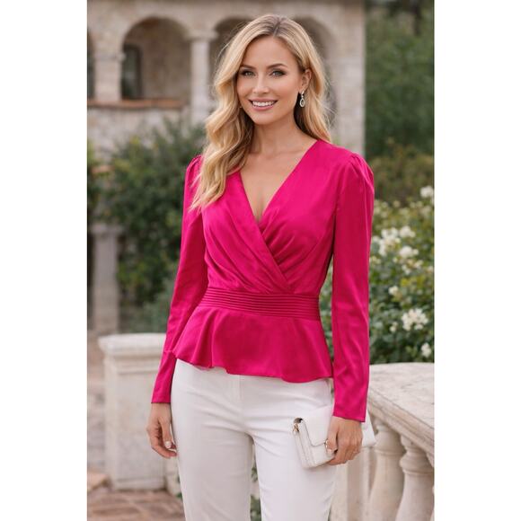 Cache Tops - NWT Caché Fuchsia Pink Wrap Blouse Long Sleeve Peplum Waist Elegant Top Small